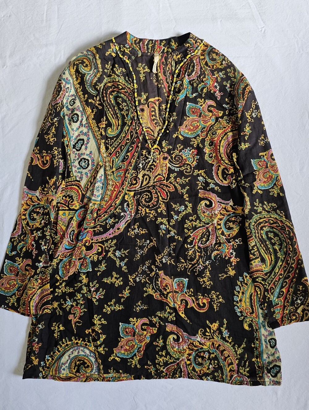 Elan cotton bohemian paisley beaded deep v-neck long-sleeve tunic blouse Size M